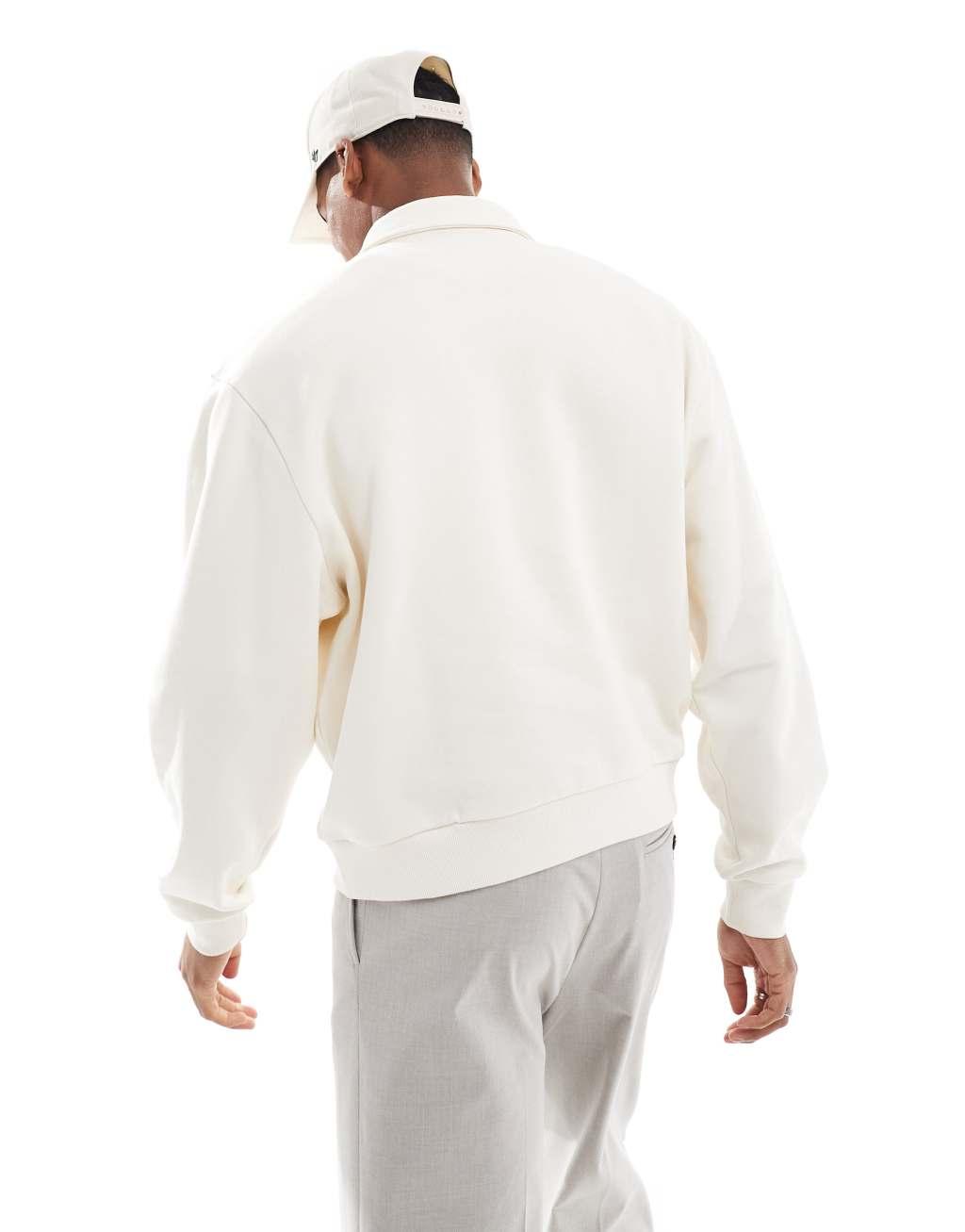 ASOS DESIGN oversized boxy polo with piping and chest print in gray heather Product Image