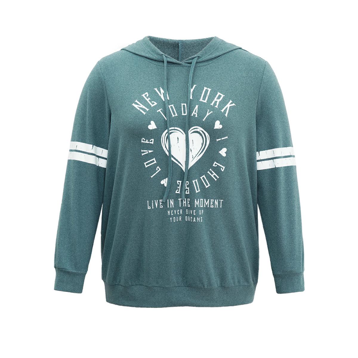 Plus Size Letter & Heart Print Hooded Drawstring Sweatshirt Women Mint Casual Thick Dailywear Sweatshirts BloomChic 28/5X Product Image