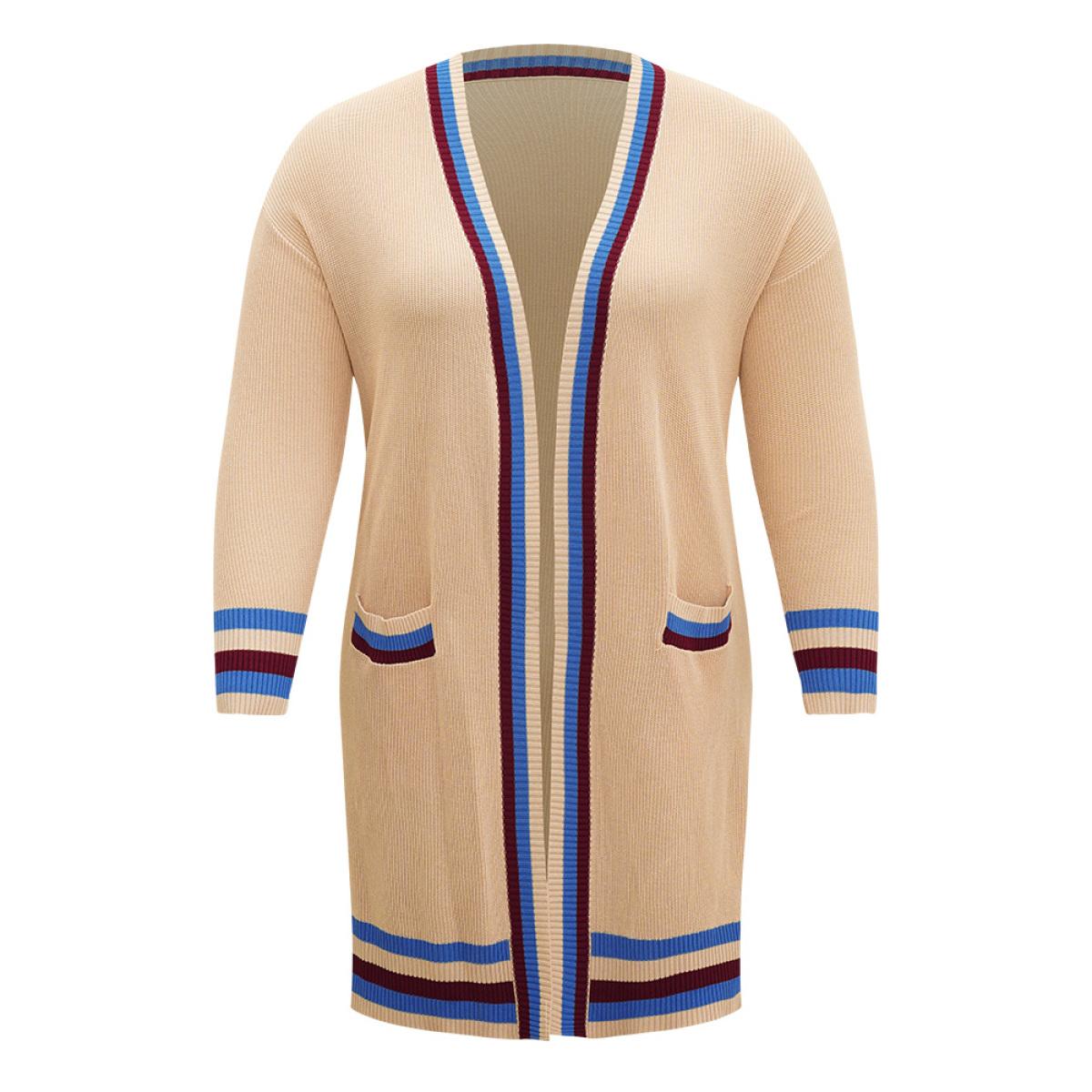 Plus Size Contrast Striped Patched Pocket Drop Shoulder Cardigan Champagne Women Casual Loose Long Sleeve Dailywear Cardigans BloomChic 18-20/2X Product Image