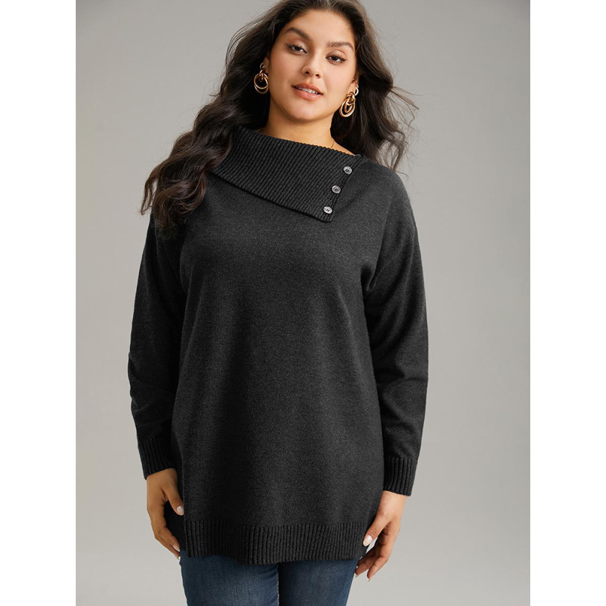 Plus Size Supersoft Essentials Asymmetrical Neck Button Detail Pullover Black Women Leisure Loose Long Sleeve Asymmetrical Neck Casual Pullovers BloomChic 30/6X Product Image