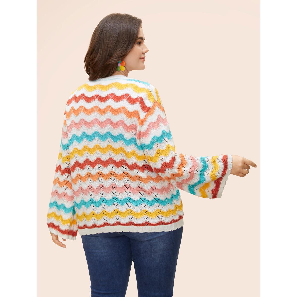 Plus Size Cotton Rainbow Perforated Front Tie Cardigan Multicolor Women Casual Loose Long Sleeve Everyday Cardigans BloomChic 26/4X Product Image