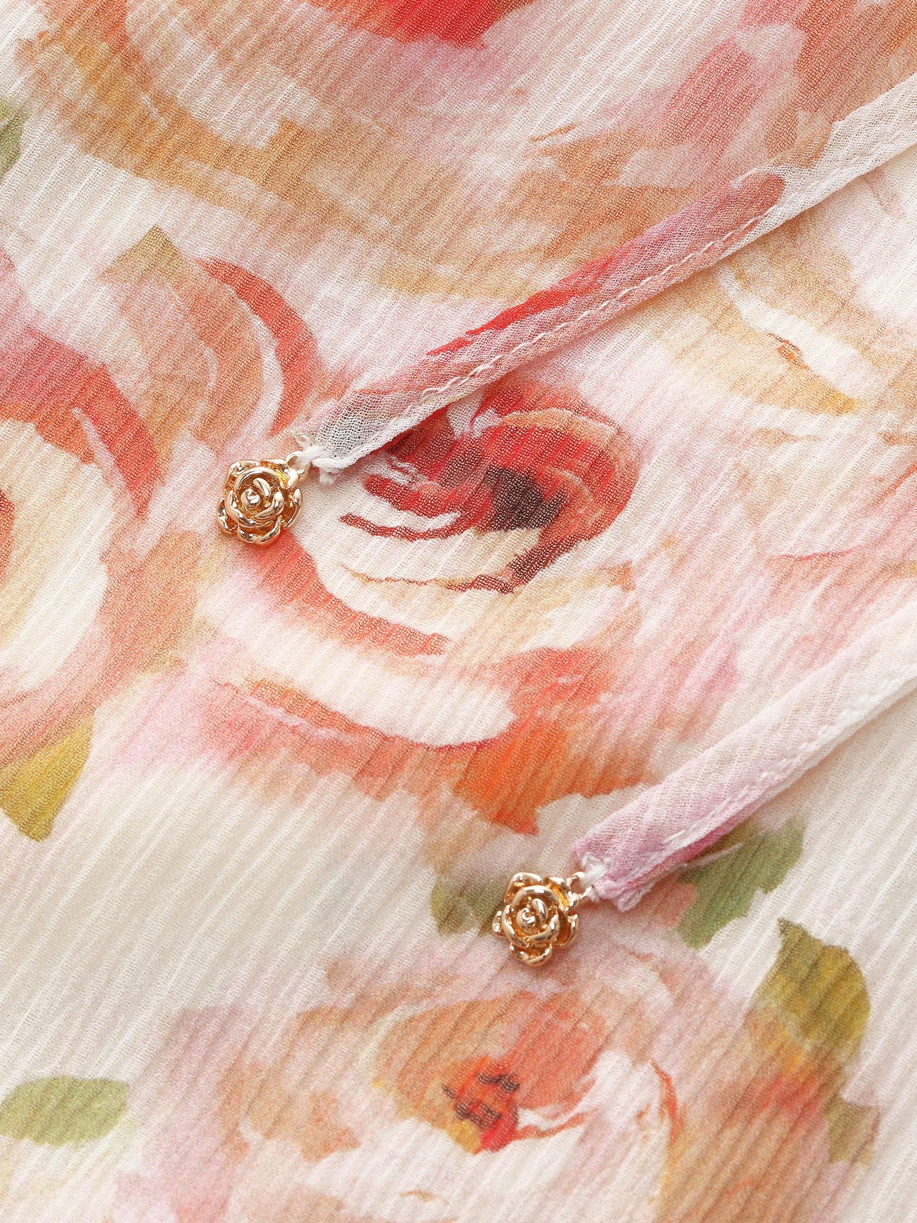 10MM Mulberry Silk Rose Print Smocked Drawstring Front Women Maxi Dres Product Image