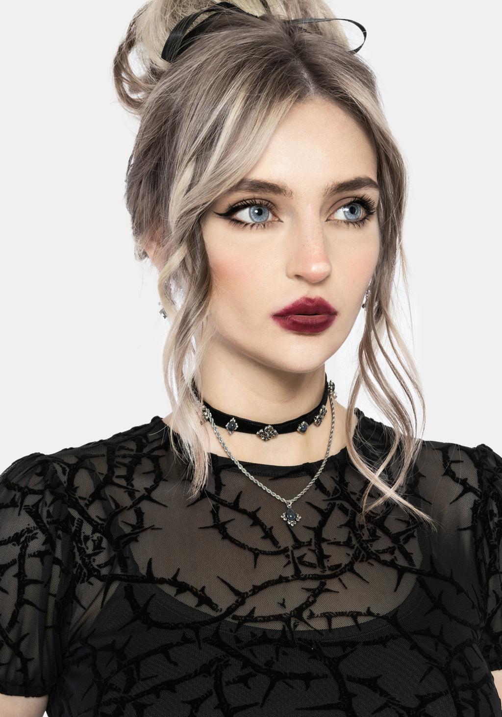 Prickle Thorn Print Mesh Puff Sleeve Mini Dress - Black Product Image