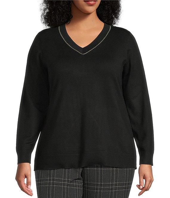 Investments Plus Size Jeweled V-Neck Long Sleeve Pullover Top Product Image