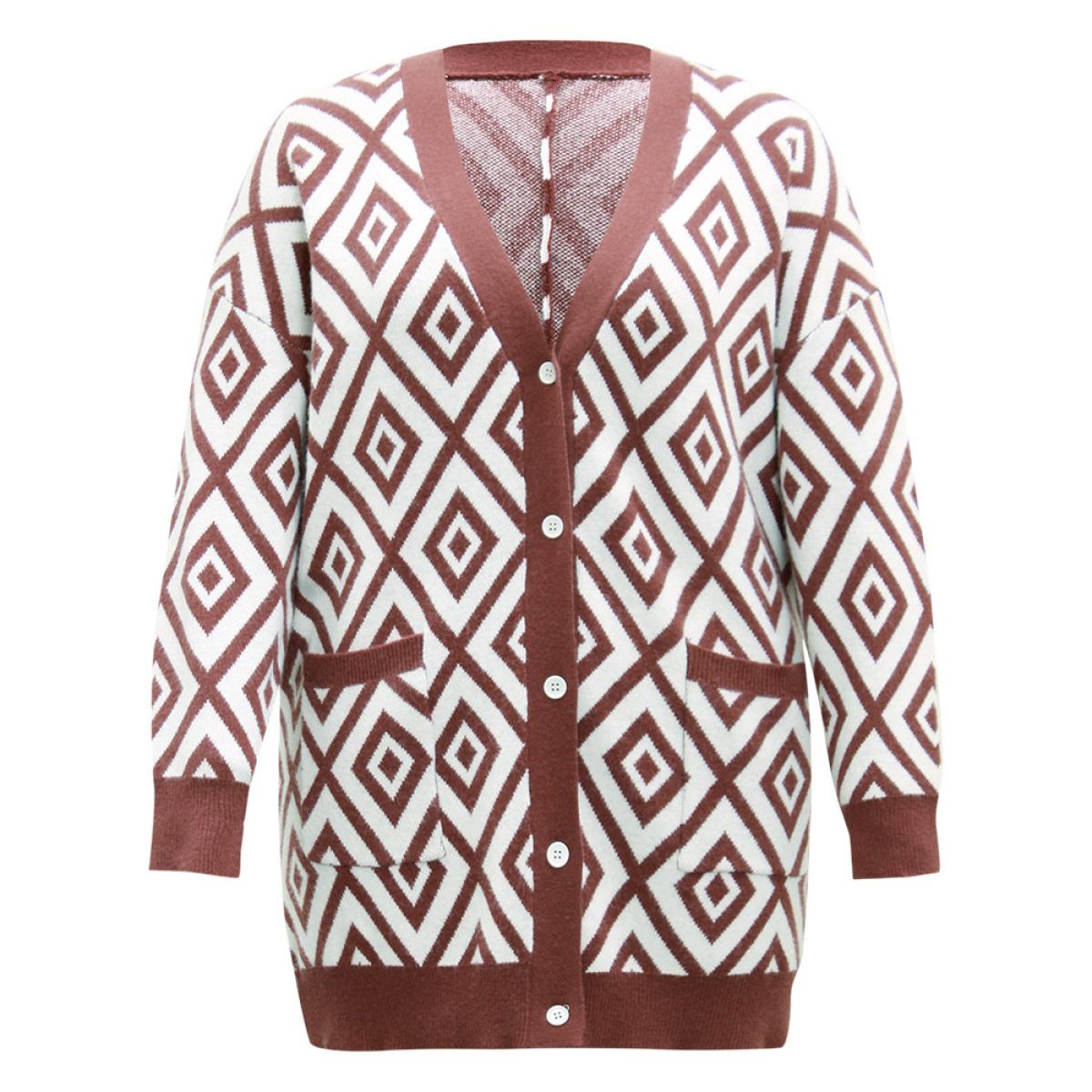 Plus Size Supersoft Essentials Geometric Button Through Cardigan Maroon Women Casual Loose Long Sleeve Dailywear Cardigans BloomChic 18-20/2X Product Image