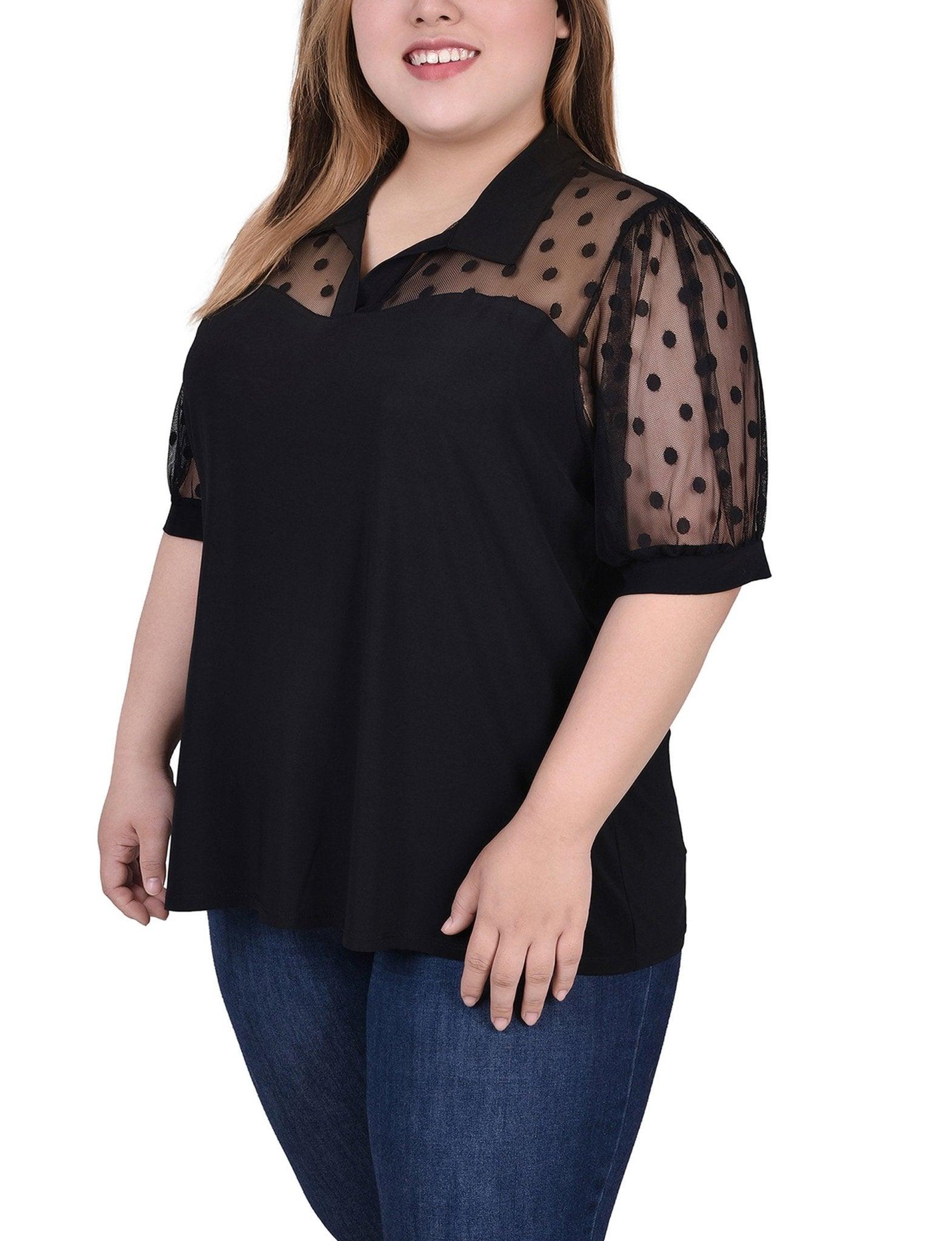 Black Short Sleeve Top With Dotted Mesh - Plus Product Image