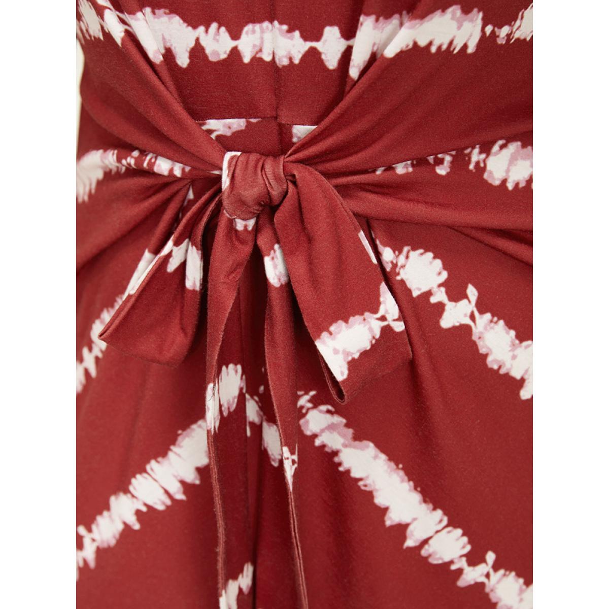 Plus Size Striped Print Batwing Sleeve Knot Front Tie Dye Dress Burgundy Women Casual Cross straps Round Neck Short sleeve Curvy Knee Dress BloomChic 28/5X Product Image