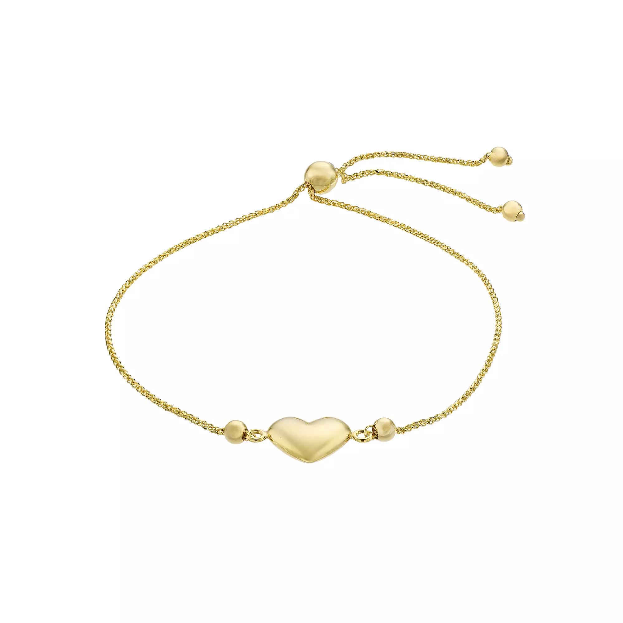 14k Gold Puff Heart Bolo Bracelet, Women's, Size: 9" Product Image
