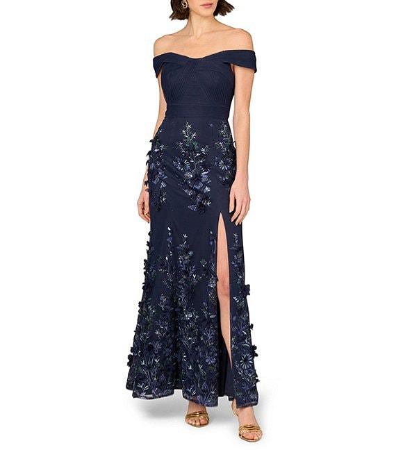 Aidan Mattox Mesh Embroidered Sequin Floral Off-The-Shoulder Neck Sleeveless Sheath Gown Product Image