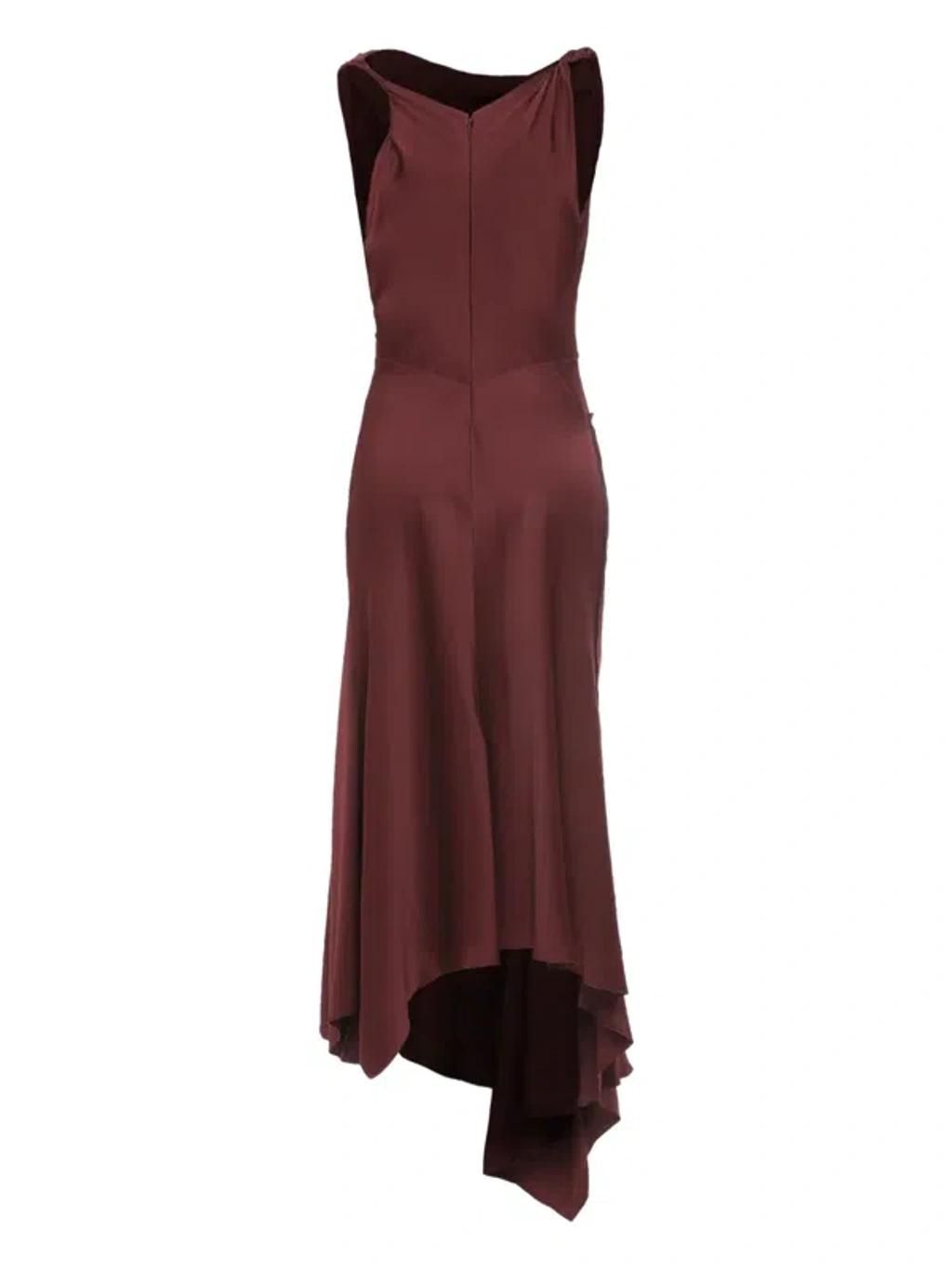 VICTORIA BECKHAM Asymmetric Draped Sleeveless Satin Midi Dress In Burgundy Product Image