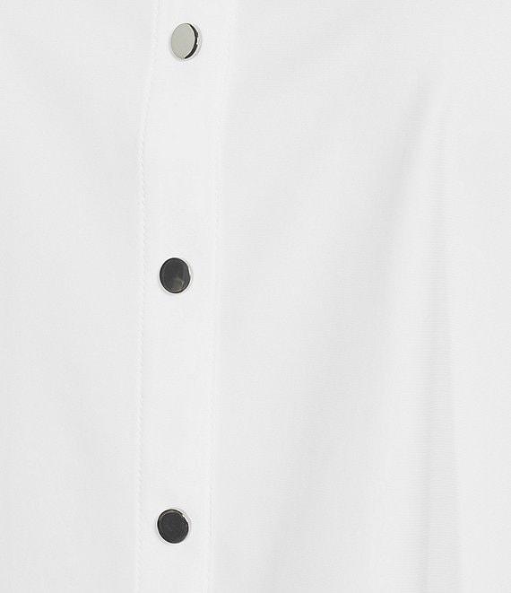 Liverpool Los Angeles Plus Size Tech Knit Point Collar Short Puff Ruffle Cuff Sleeve Button Front Shirt Product Image