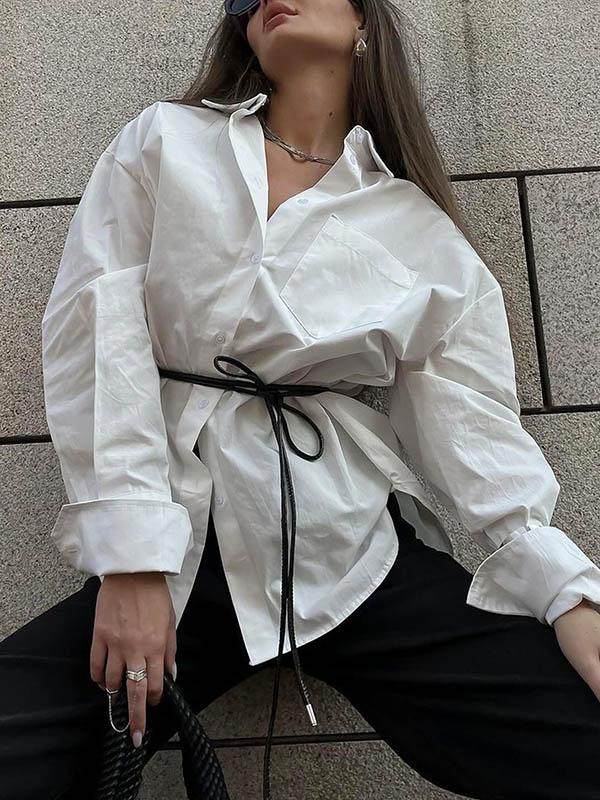 Long Sleeves Loose Buttoned Pockets Solid Color Lapel Blouses&Shirts Tops Product Image