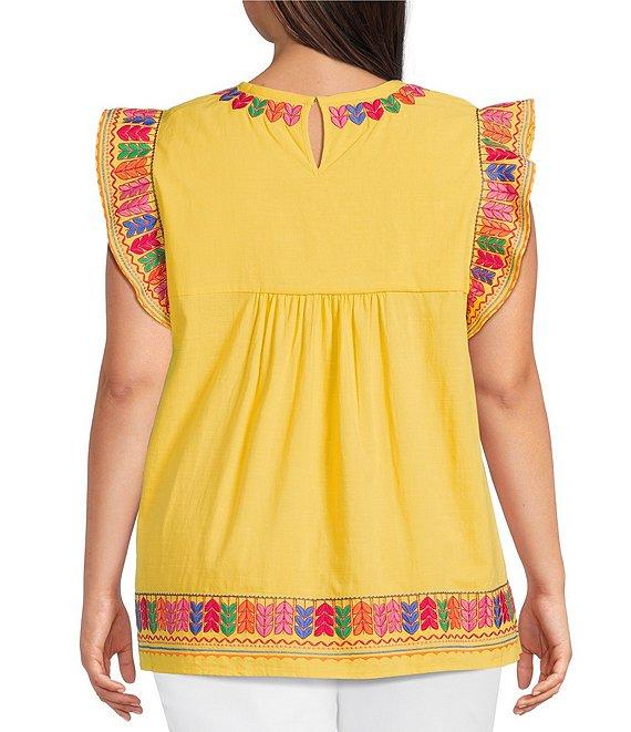 Calessa Plus Size Embroidered Round Neck Ruffle Cap Sleeve Tunic Product Image