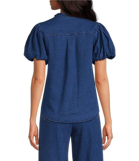 Sugarlips Jamie Stretch Denim Jayla Split Neck Short Puff Sleeves Button Front Coordinating Shirt Product Image