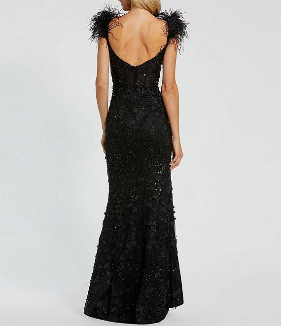 Mac Duggal Sweetheart Neck Sleeveless Spaghetti Strap Feather Trim Sheer Applique Bustier Mermaid Gown Product Image