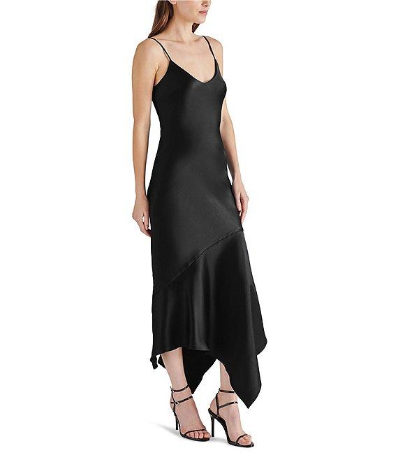 Steve Madden Lucille V-Neck Sleeveless Asymmetrical Hem Satin Midi Dress Product Image