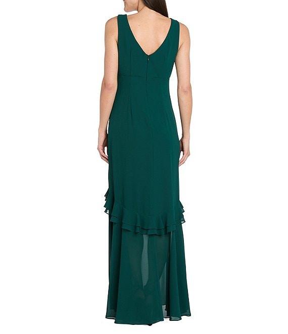 R & M Richards Crepe Chiffon 2-Piece Short Sleeve Capelet Ruffle Gown Product Image