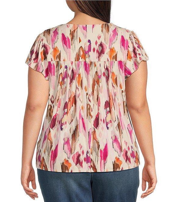 Liverpool Los Angeles Plus Size Knit Printed V-Neck Short Flutter Sleeve Top Product Image