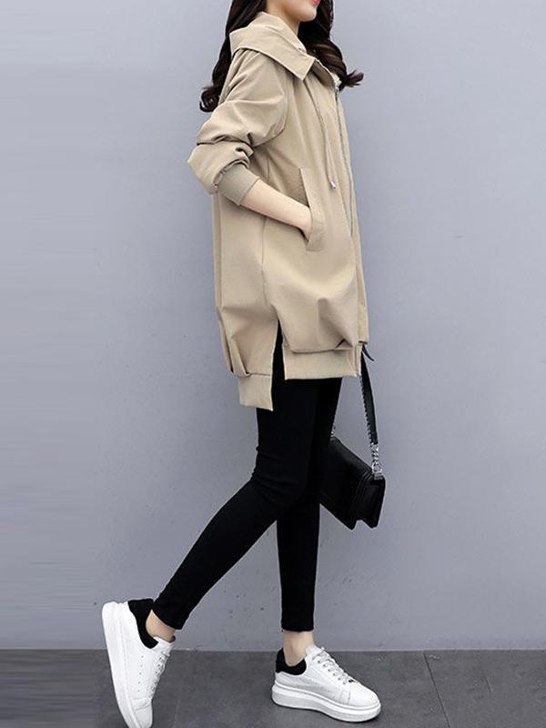 Casual Loose 4 Colors Pleated Zipper Hooded Long Sleeves Outwear Product Image