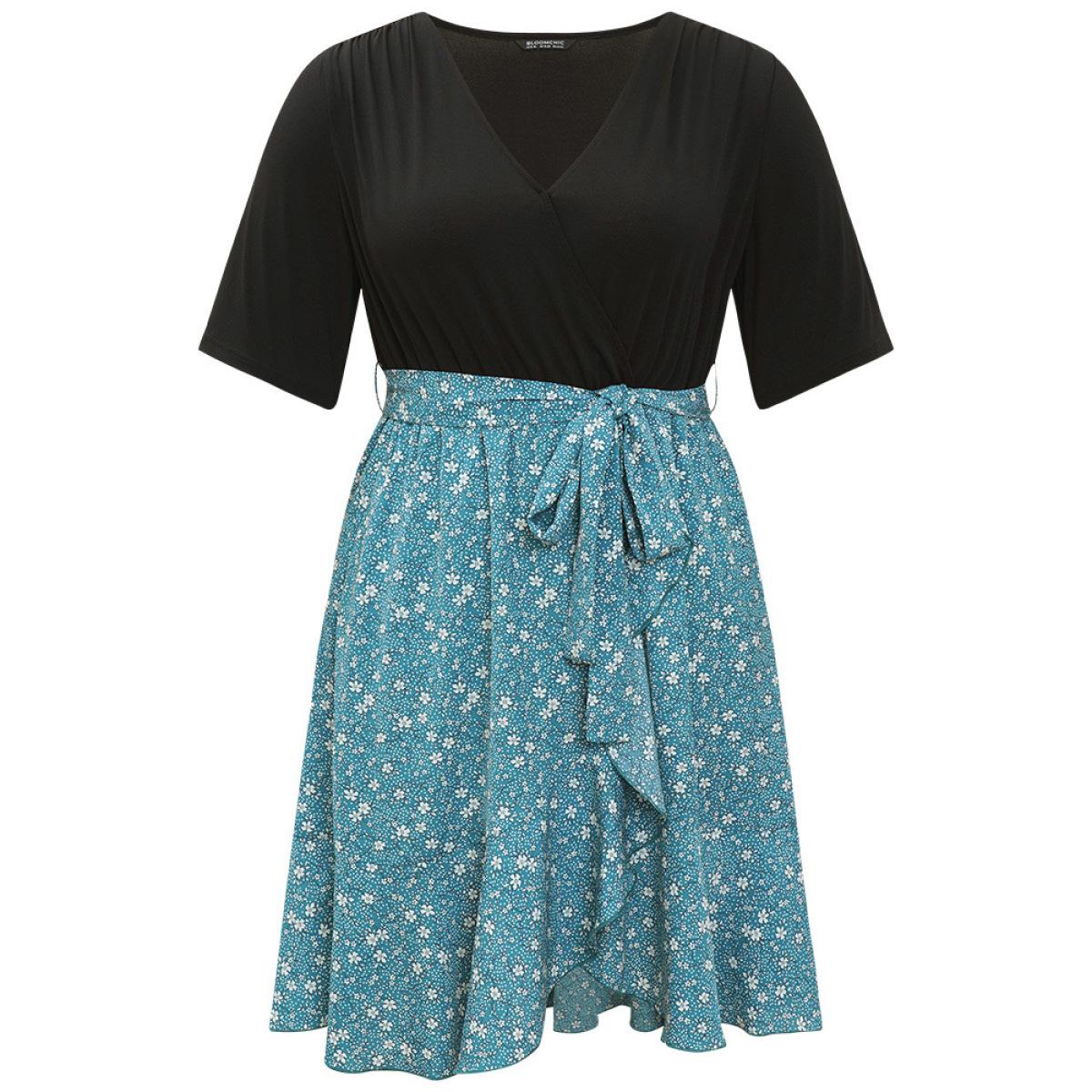 Plus Size Ditsy Floral Pocket Patchwork Belted Wrap Ruffle Dress Cerulean Women Office Plain V-neck Half Sleeve Curvy Knee Dress BloomChic 18-20/2X Product Image