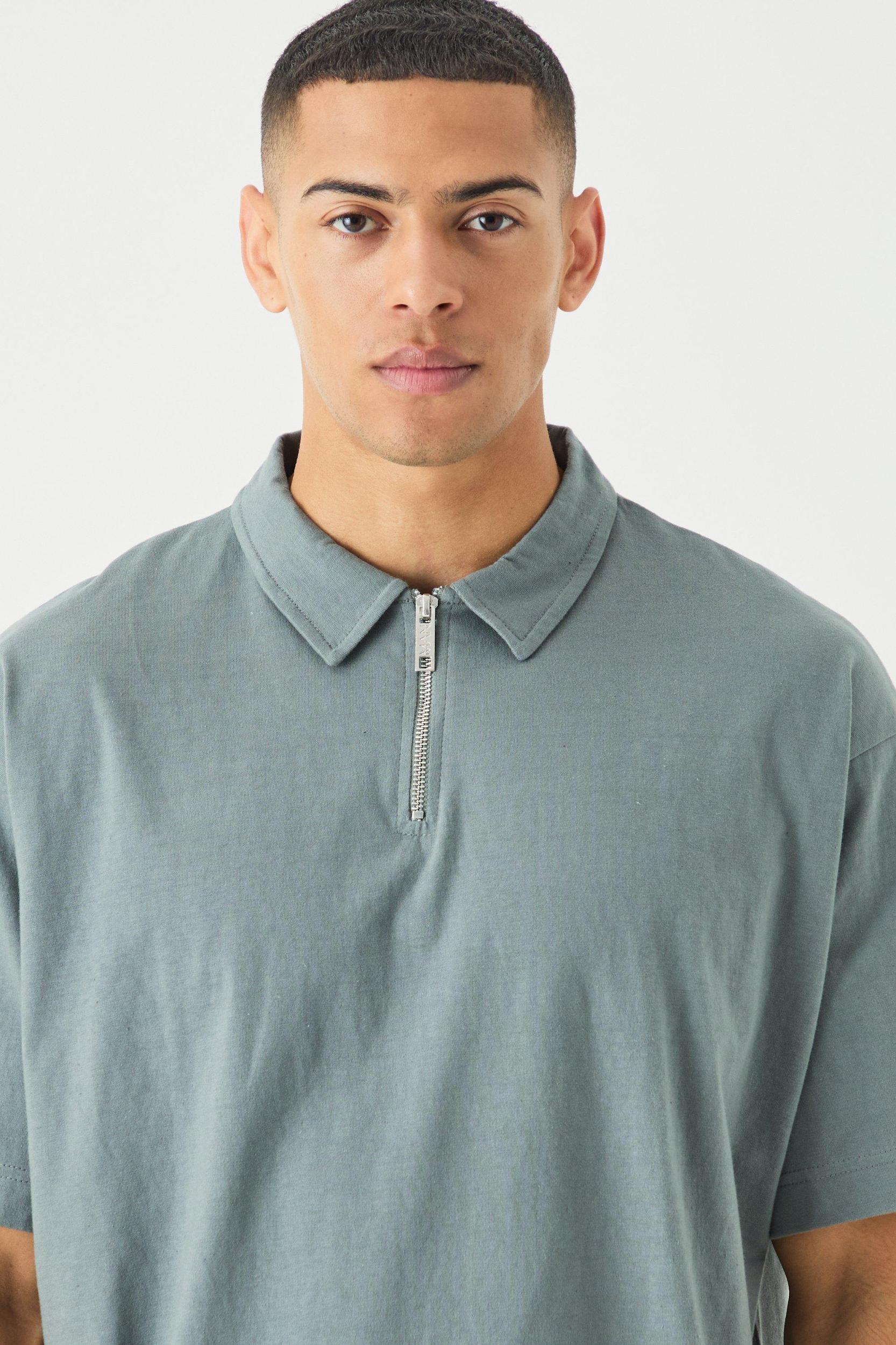 Oversized Heavy Zip Neck Polo | boohooMAN USA Product Image
