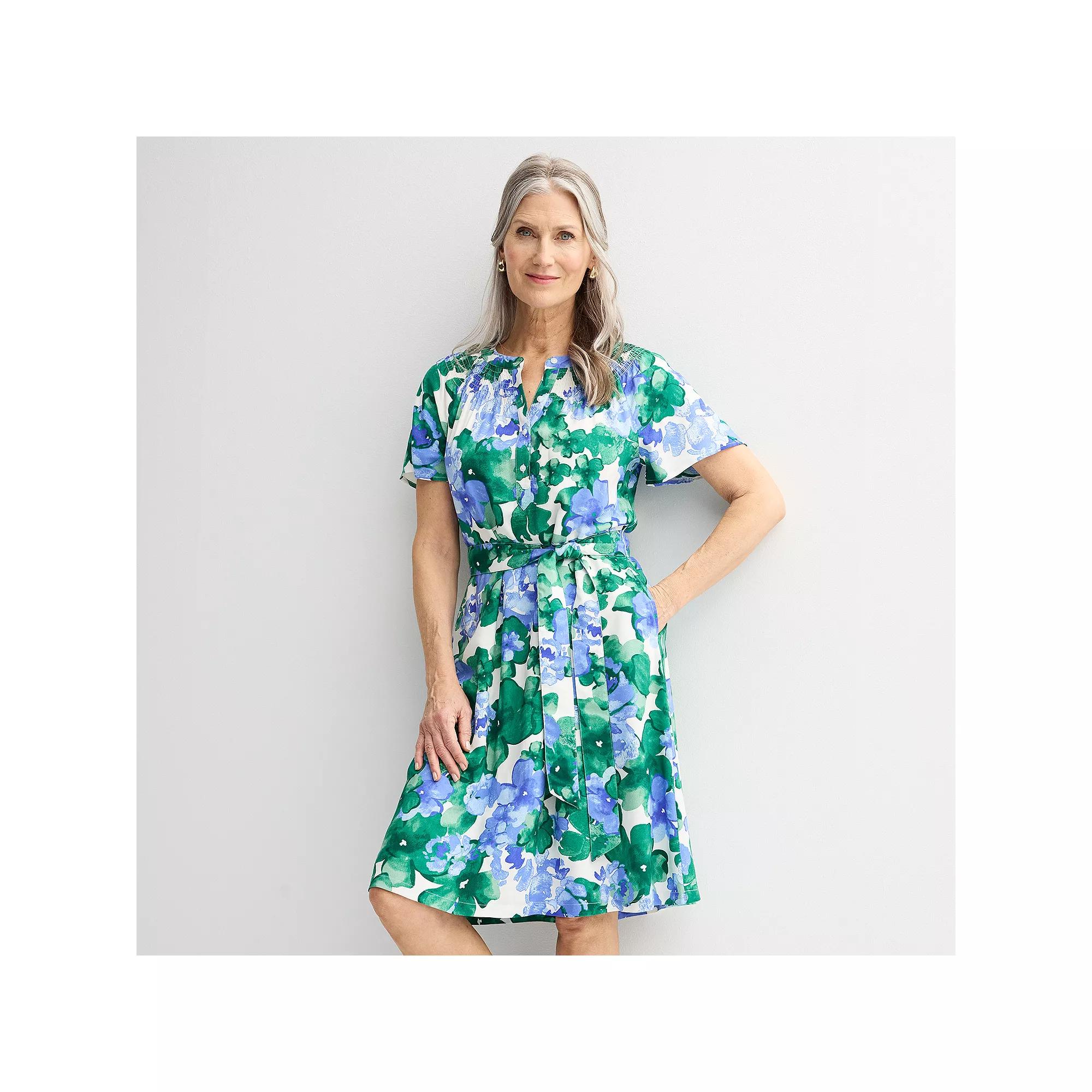 Womens Croft & Barrow Smocked Neck Button-Front Dress Blue Blue Floral Product Image