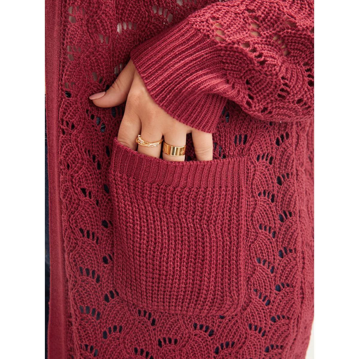 Plus Size Plain Pointelle Knit Cut Out Pocket Open Front Mid Long Cardigan Burgundy Women Casual Loose Long Sleeve Dailywear Cardigans BloomChic 22-24/3X Product Image