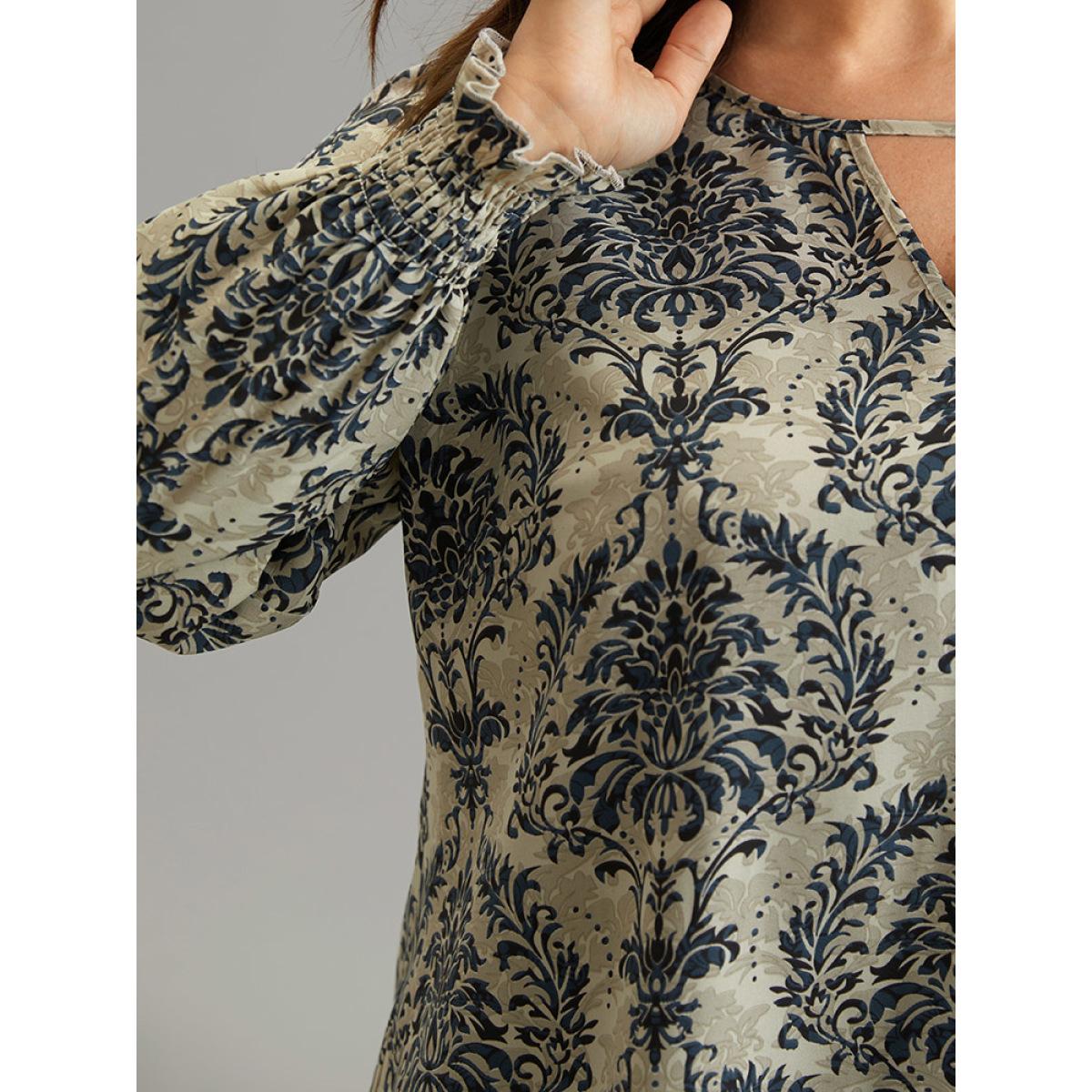 Plus Size Multicolor Bandana Print Keyhole Shirred Lantern Sleeve Blouse Women Vacation Long Sleeve Keyhole Cut-Out Vacation Blouses BloomChic 12/L Product Image