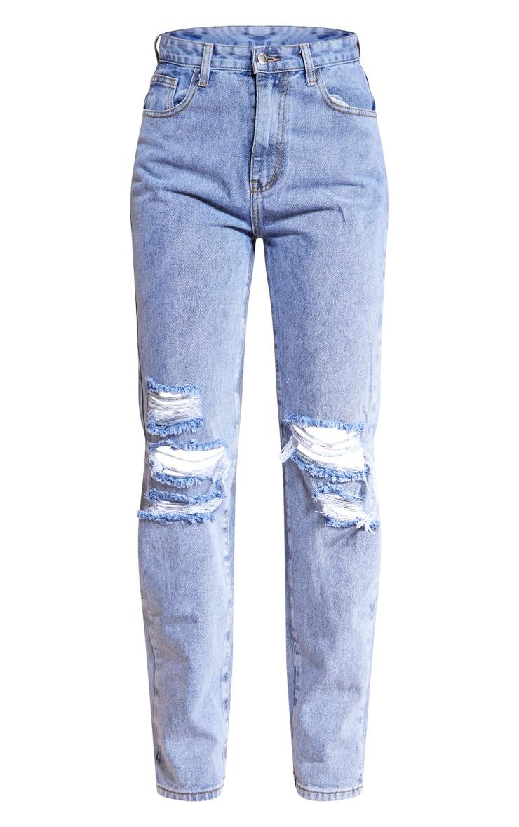 Mid Blue Vintage Wash Ripped Straight Leg Jeans Product Image