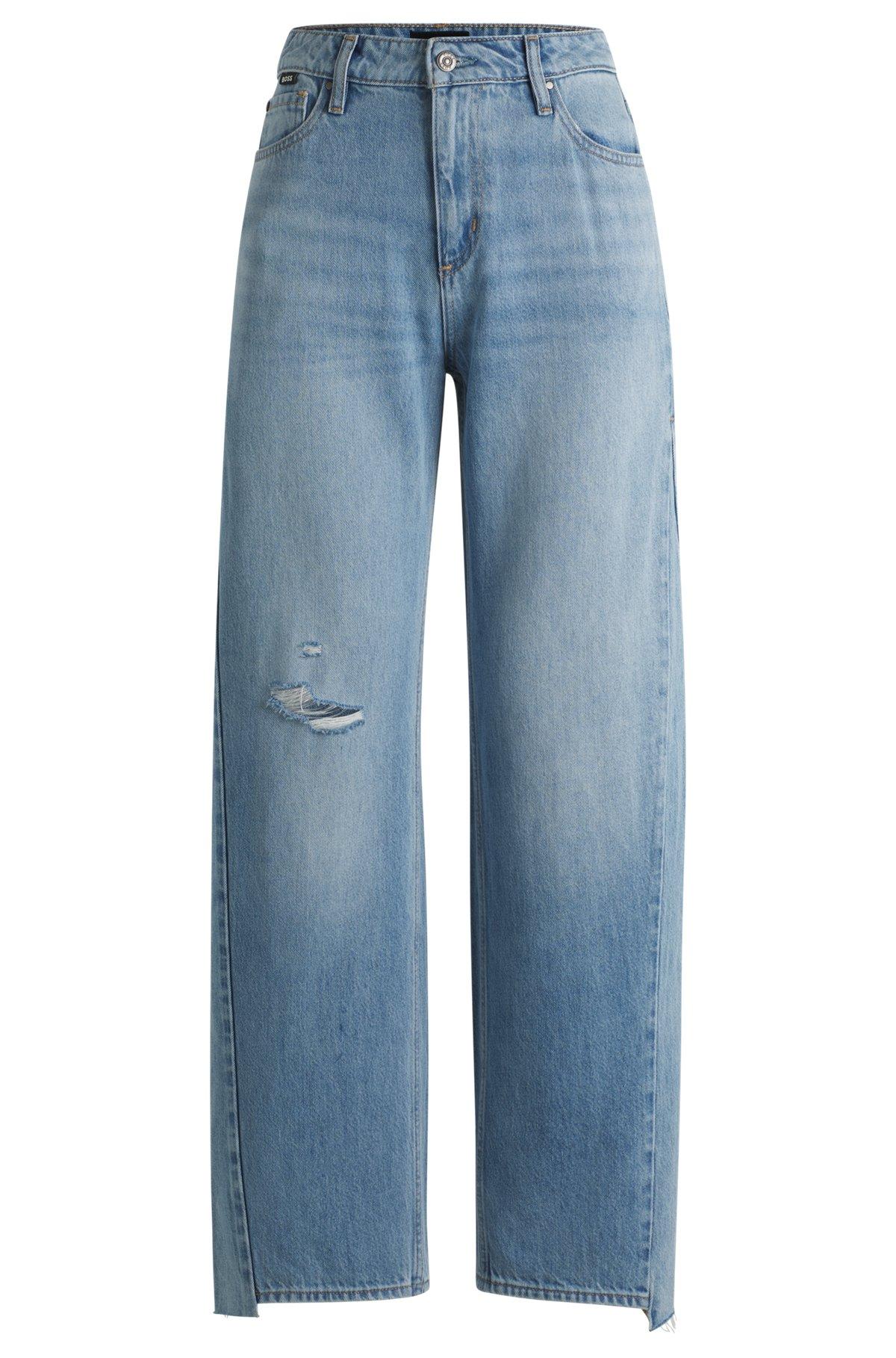 Wide-leg jeans in blue denim with stepped hem Product Image