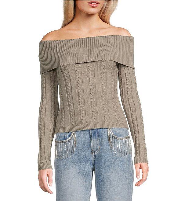 Say What Off The Shoulder Long Sleeve Cable Knit Top Product Image