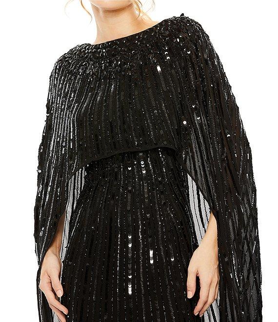 Mac Duggal Sequin Mesh Embellished Beaded Boat Neck Cape Sleeve Column Gown Product Image