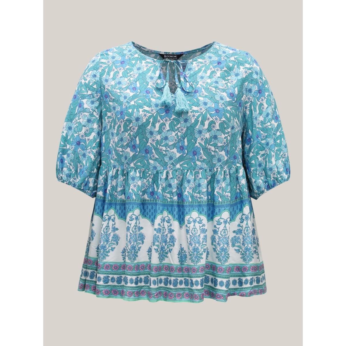 Plus Size Turquoise Boho Floral Print Color Contrast Blouse Women Boho Elbow-length sleeve V-neck Vacation Blouses BloomChic 18-20/2X Product Image