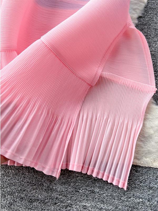 Flared Sleeves Loose Belted Contrast Color Pleated Midi Dresses Product Image