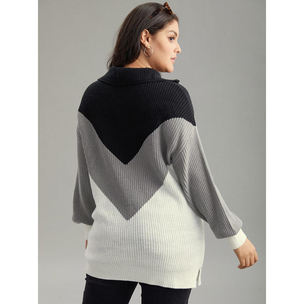 Plus Size Colorblock Patchwork Zipper Lapel Collar Pullover Multicolor Women Casual Long Sleeve Lapel Collar Everyday Pullovers BloomChic 30/6X Product Image