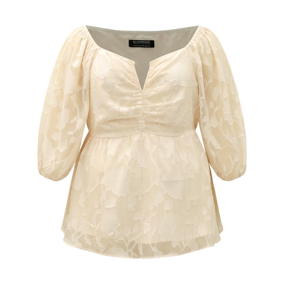 Plus Size Beige Plain Notched Ruched Lantern Sleeve Mesh Blouse Women Elegant Elbow-length sleeve Notched collar Dailywear Blouses BloomChic 12/L Product Image