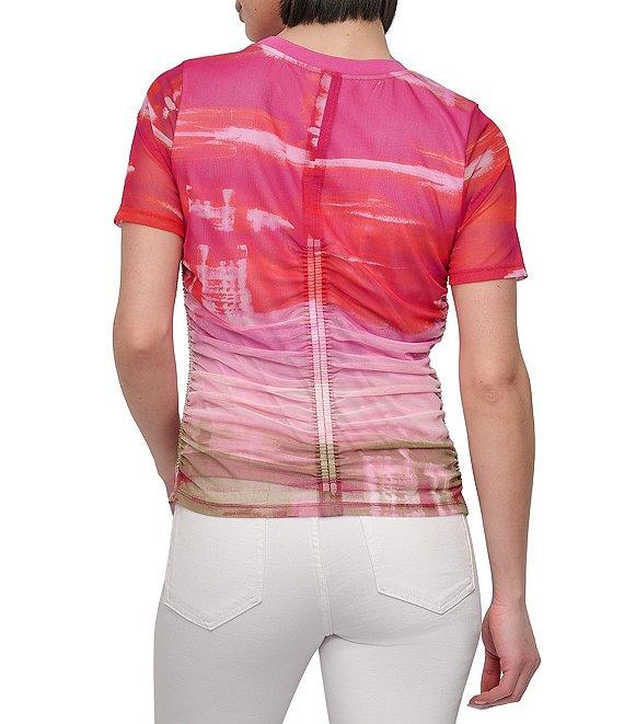 DKNY by Donna Karan Printed Mesh Crew Neck Short Sleeve Ruched Top Product Image