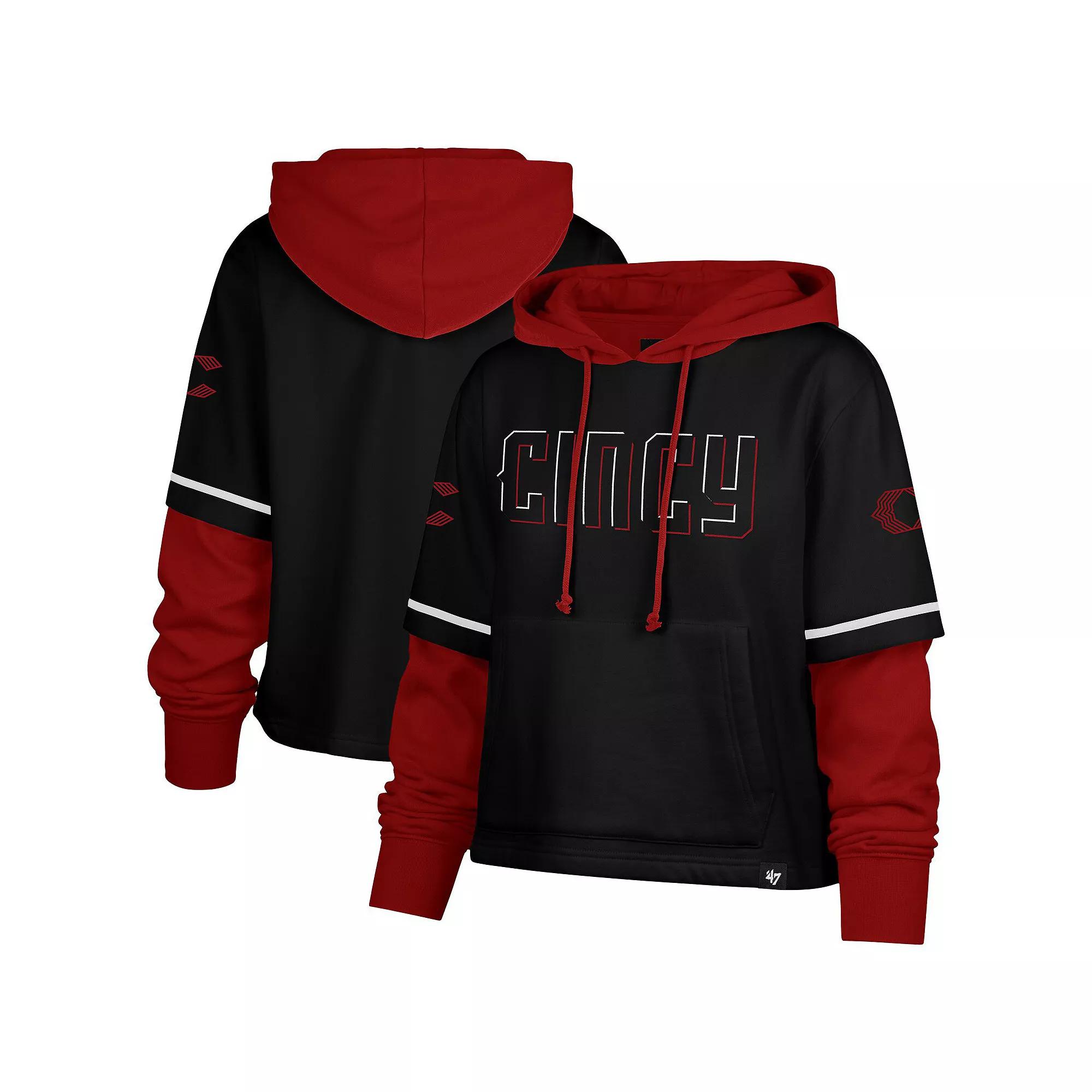 Women's '47  Black Cincinnati Reds City Connect Shortstop Cropped Pullover Hoodie, Size: XL, Red Black Product Image