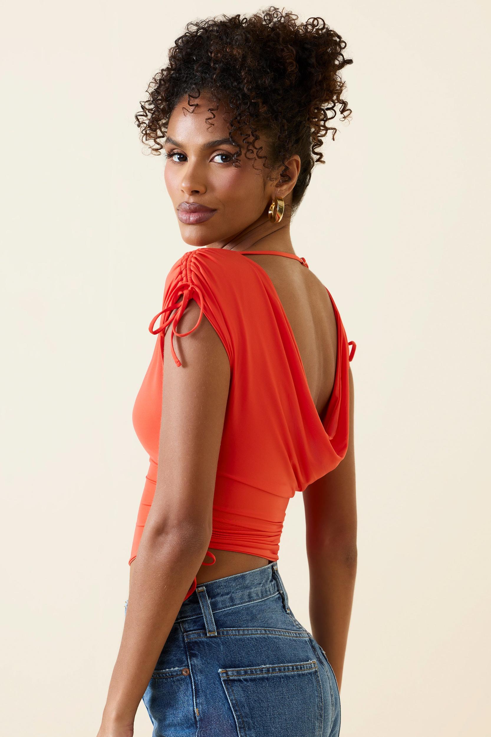 Asymmetric Ruched Cowl-Back Crop Top in Scarlet Female Product Image