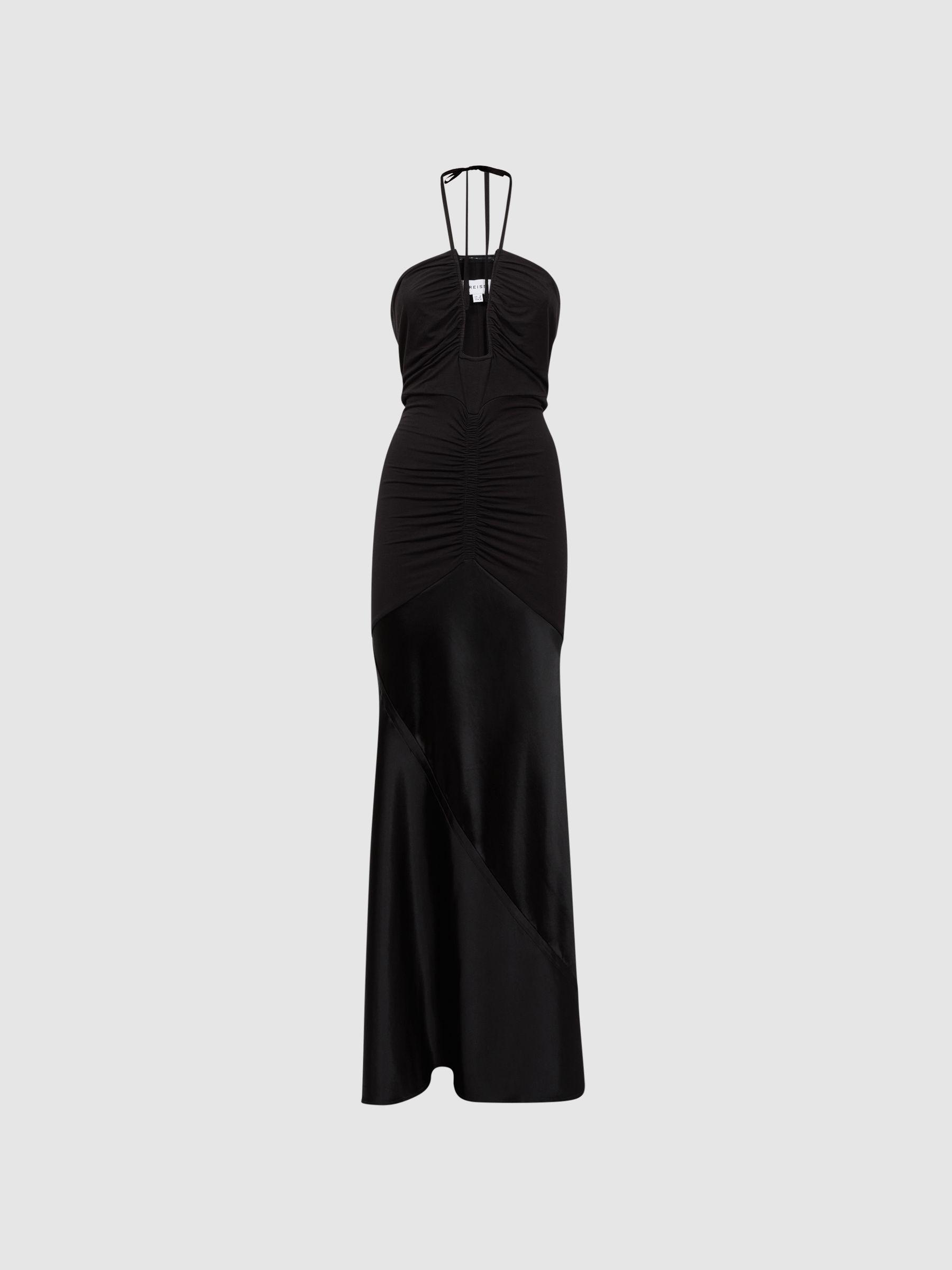 Fitted Plunge Neck Satin Maxi Dress in Black Product Image