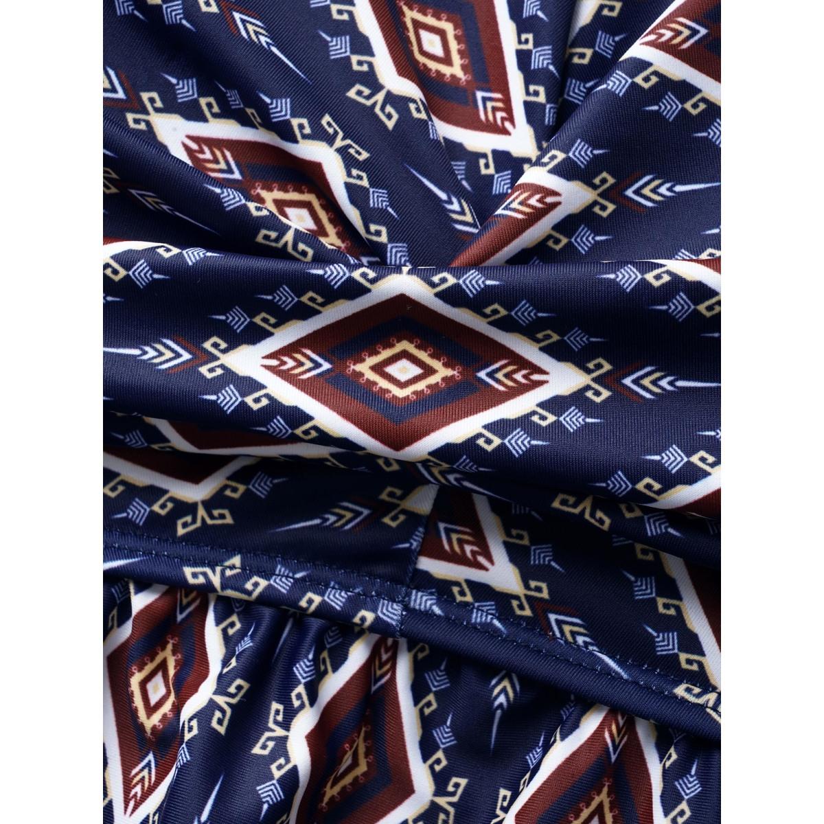 Plus Size Boho Print Twist Front Patchwork Mesh Swim Top Women's Swimwear Indigo Beach Twist High stretch Bodycon Round Neck Curve Swim Tops BloomChic 28/5X Product Image