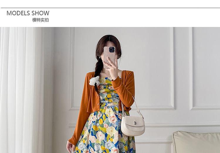 Maternity Spaghetti Strap Floral Midi A-Line Dress / Plain Cardigan / Set Product Image