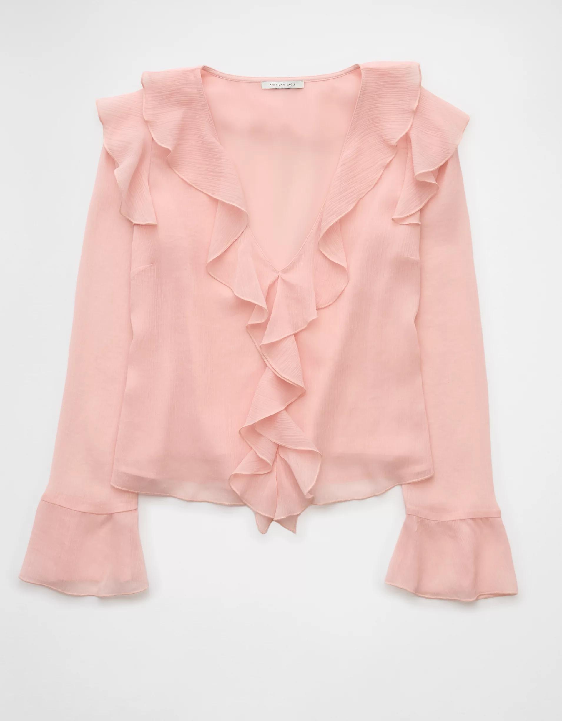 AE Chiffon Bell Sleeve Ruffle Blouse Product Image