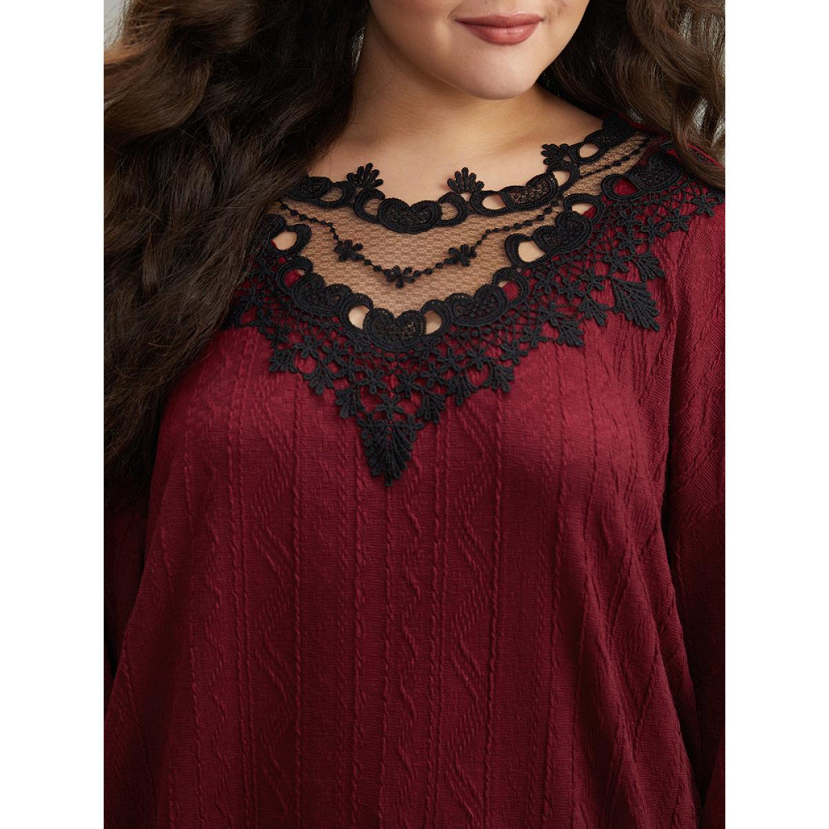 Plus Size Plain Textured Patchwork Lace Panel Sweatshirt Women Scarlet Elegant Elastic cuffs Round Neck Everyday Sweatshirts BloomChic 18-20/2X Product Image