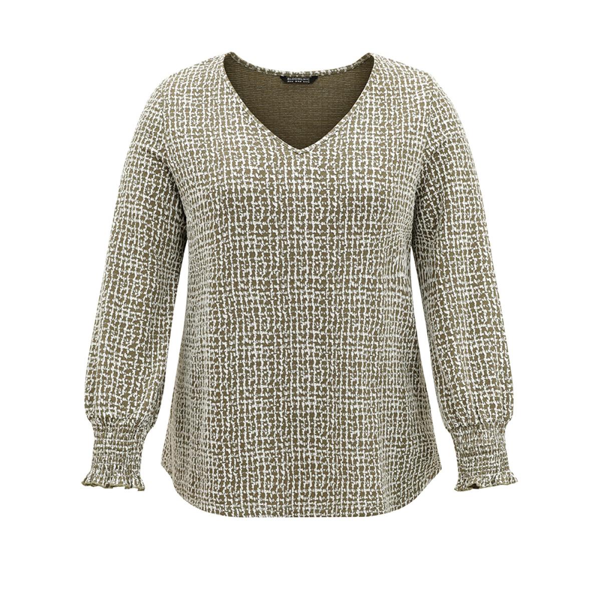 Plus Size Rib Knit Shirred Texture V Neck T-shirt Green Women Casual Texture Plain V-neck Dailywear T-shirts BloomChic 12/L Product Image