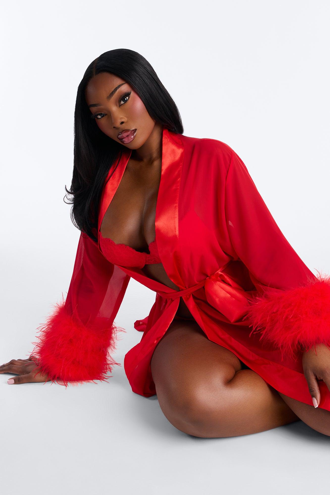Love Me Harder Sheer Feather Trim Robe - Red Female Product Image
