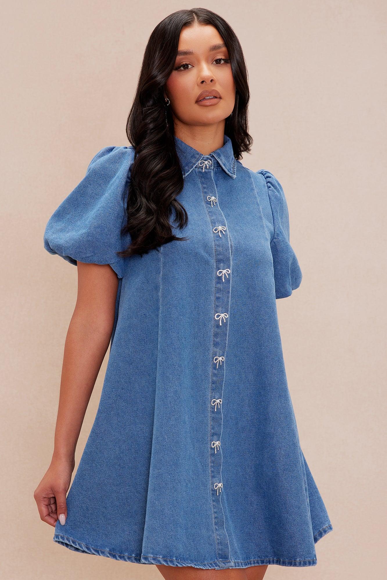 Maribella Denim Mini Dress - Medium Wash Product Image
