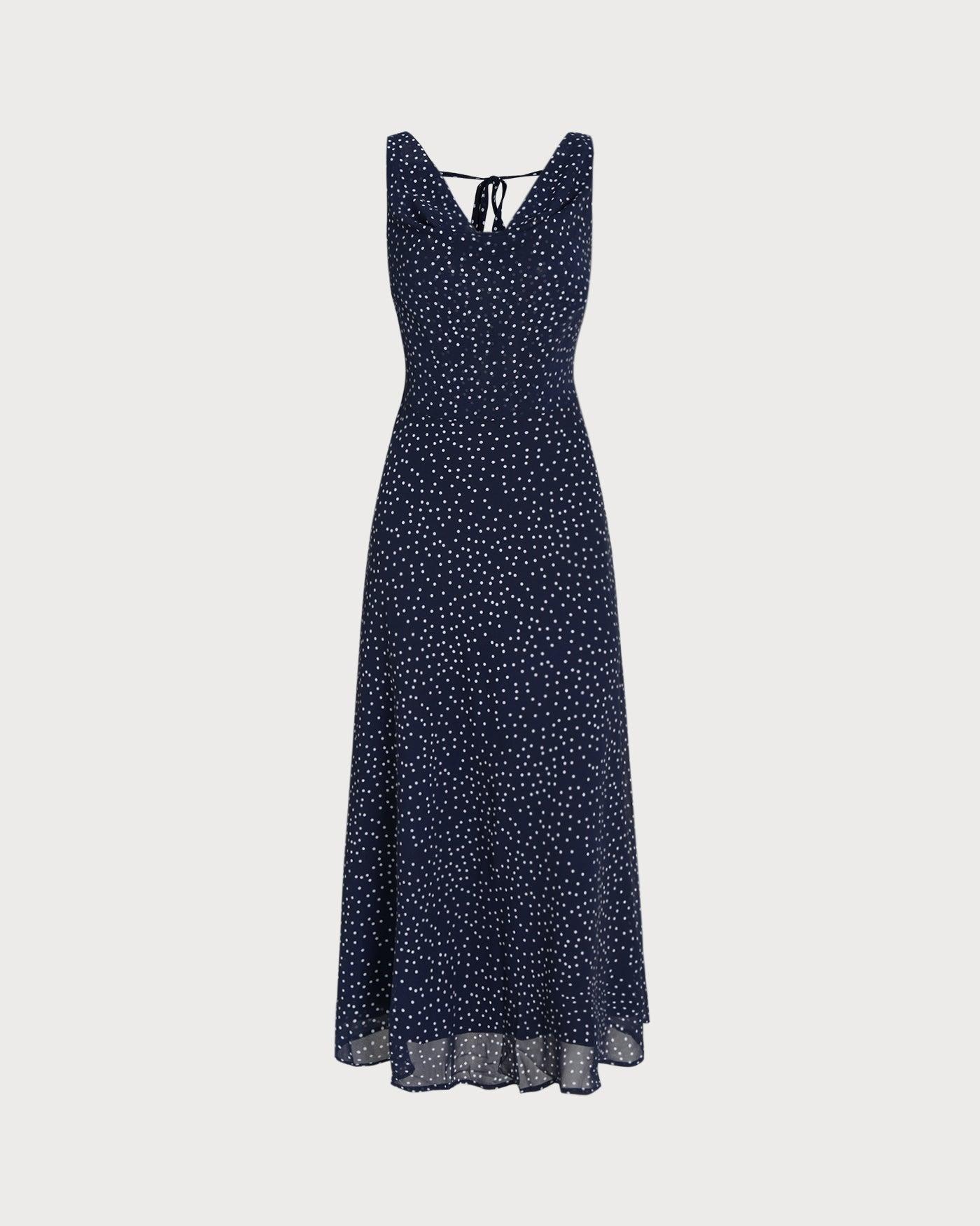 Navy Cowl Neck Polka Dot Maxi Dress Product Image
