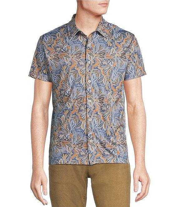 Cremieux Premium Denim Boho Floral Print Short Sleeve Coat Front Knit Shirt Product Image