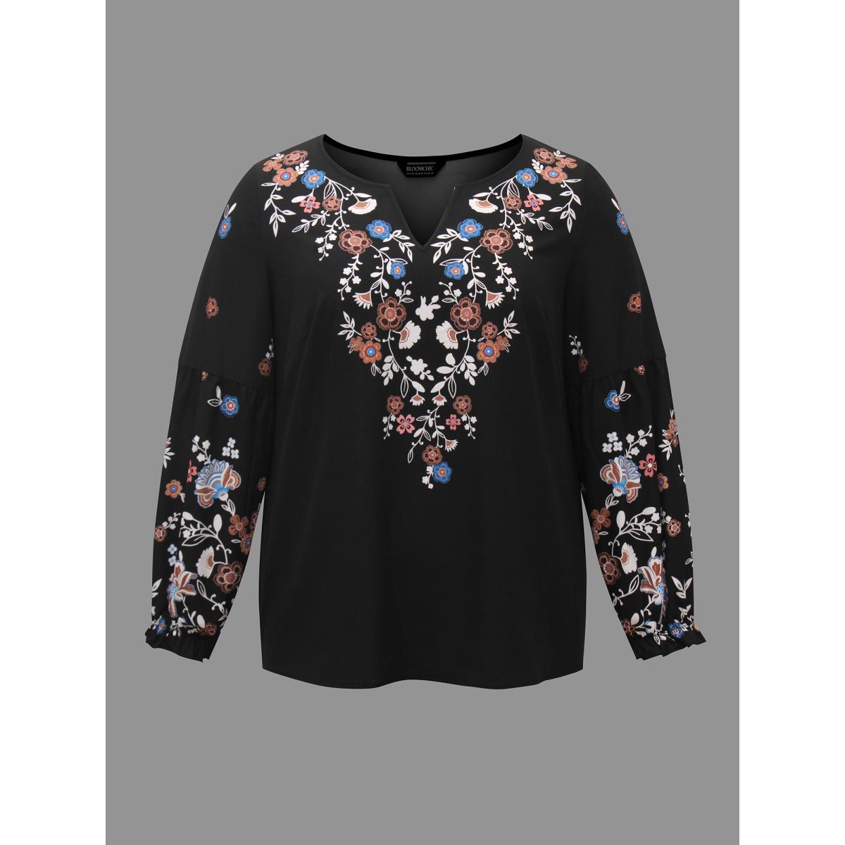 Plus Size Black Floral Puffy Sleeve V-Neck Blouse Women Elegant Long Sleeve Notched collar Everyday Blouses BloomChic 22-24/3X Product Image